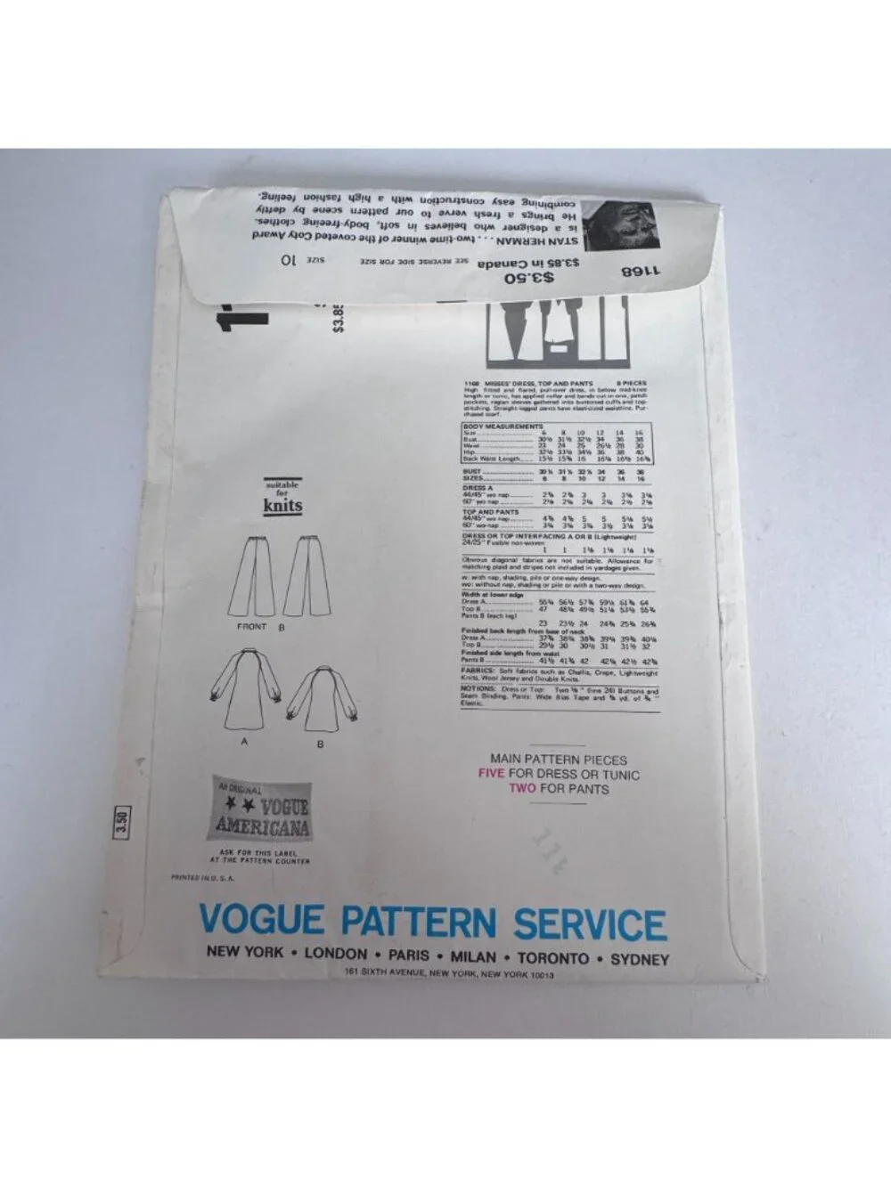 Vogue Sewing Pattern 1168 Stan Herman Dress Pants 10  American Designer UC Easy